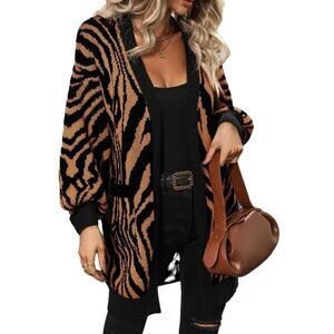 Trendy Animal Print long cardigan with front pockets